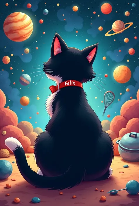 Un gros chat tuxedo. Il est de dos. Avec un fond univers (planètes, étoiles). Il y a des ustensiles de cuisine également. Dans un univers cartoon. Sur le collier du chat il est écrit Félix. 