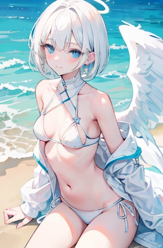 Anime, girl, teenage, short hair, white hair, plae blue eyes, cool, earrings, wearing a white bikini, cute, angel wings and halo ring, medium boobs, beach, small smile,