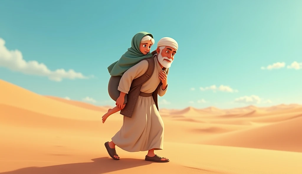 Animated image of a Muslim man carrying an old grandmother on his back while walking in the desert