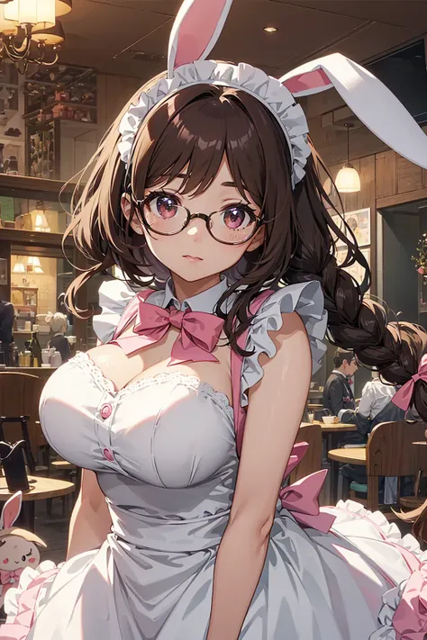 anime screencap of a bunny girl in a maid outfit. Characters, Brown eyes with glasses, Her dark brown hair is tied in a single braid with a ribbon.She has big breasts and a big ass, and wears a pink bunny girl outfit that is a variation of the classic maid...