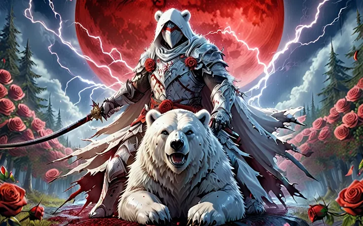 dynamic picture where a man with a white hood with bear ears and a katana sits riding a big polar bear in a forest while the blo...