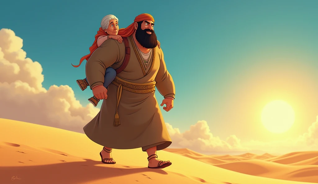 Animated image of a big black-haired Muslim man carrying an old grandmother on his back while walking in the desert