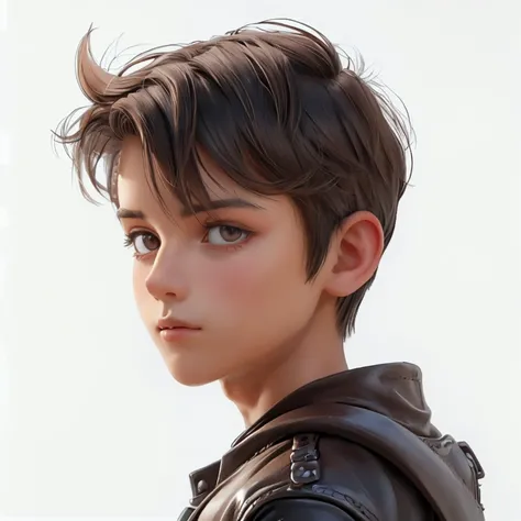 cute face boy, wearing leather pent and shirt, full standing pose, short brown hairs, Character Sheet, 12 yo student, Full body, Simple white background, character reference sheet, Concept art, design sheet