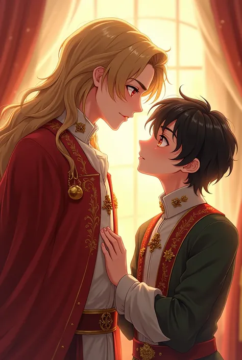 The boy is black hair and red eyes are looked up at handsome boy who was golden long hair and golden eyes. Golden hair boy is taller than black hair boy. They wearing royal clothing. They look like a Princes. Black hair boy is beautiful and cute boy. Golde...