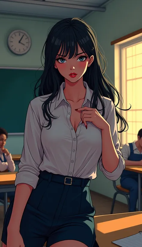 Naughty Female Teacher, classroom, 夕方のclassroom, Cel Shading, Bold outline, Flat Color, Sharp Shadow, Graphic Style, (Manga influence:1.3), Beautiful line drawing, Impressive visuals,comics