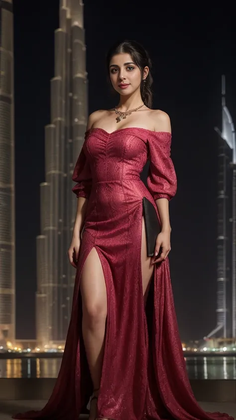 Night view,   in dubai burj Khalifa, enjoyed, photo poses,full shot of vedhika, big fishy eyes, open eyes , wearing, Full length off shoulder pink frock beautiful look, looking to viewers, smile, cury body, hourglass figure, ,ponytail, black hair, necklace...