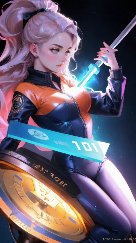 a close up of a beautiful girl  lifting a barbell on a platform with bitcoins, crypto, 🚀🚀🚀, satoshi, bitcoin, cryptocurrency, crypto valut, jen bartel, hyper bullish, 🚿🗝📝, wallpaper - 1 0 2 4, stefan koidl, official artwork, bitcoin evil, official artwork ...