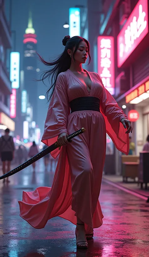 Recursive wedge effect, spiral effect, Somers strike, neon lights, night scene, surreal, photo manipulation, 3D rendering, a dancing beautiful woman, plump, sexy, wearing a loose glossy kimono, holding a katana with exposed view render of Japanese metropol...