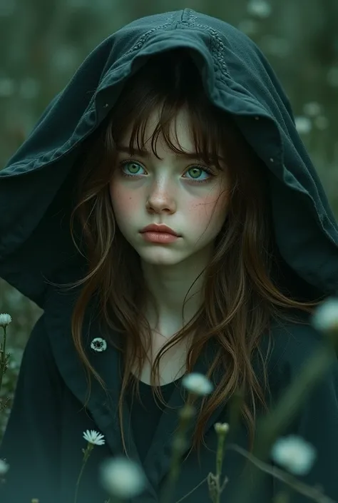 I want an album cover with a girl with brown hair on it.,very long and green eyes lost in the darkness with watercolor style
