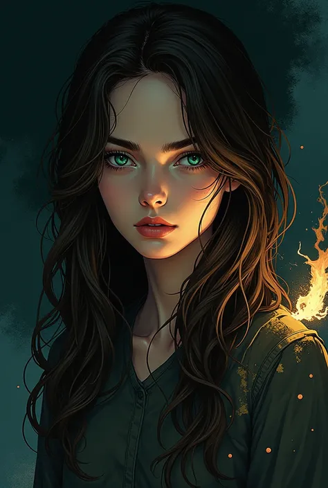 I want an album cover with a girl with brown hair on it.,very long and green eyes lost in the darkness with comic style 
