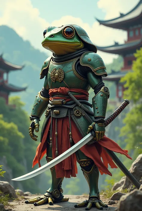 Une  grenouille robot habillée en samouraï dans un style rpg 