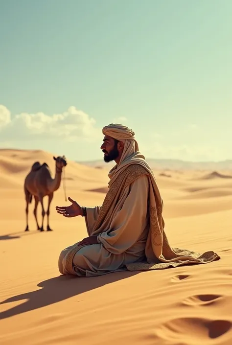 In the ancient times, a man in the Arab country was praying in the desert with a camel