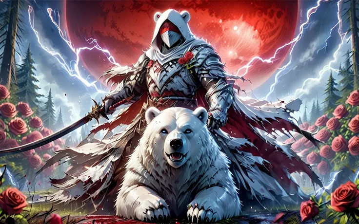 dynamic picture where a man with a white hood with bear ears and a katana sits riding a big polar bear in a forest while the blo...