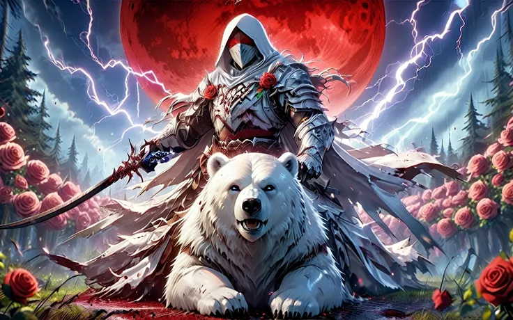 dynamic picture where a man with a white hood with bear ears and a katana sits riding a big polar bear in a forest while the blo...