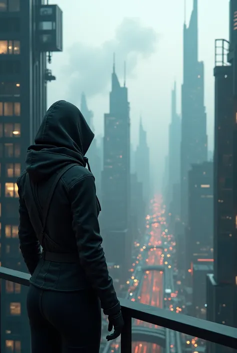 image taken from behind the shoulder of a woman from behind and DRESSED WITH A HOOD from the balcony of a futuristic building with, She is looking at an aerial view of an ultra-futuristic North American megalopolis., view of the whole city with many metall...