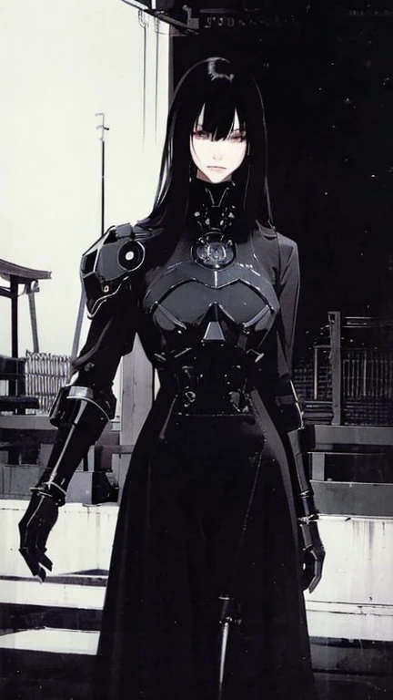 Black Hair、Cold look:1.5、Japanese woman in her 30s、Dark Background、One Cool Lady:1.5、night、whole photo、Dark Eyes、Black gloves、Ominous Machine Lifeform、Nihil、Half of his body is made of machinery、Mechanical Man:1.5、Modern clothing:、Creepy、Scary atmosphere