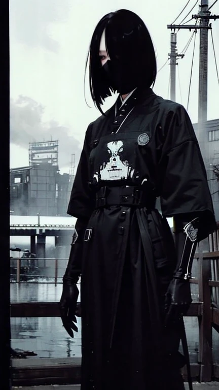 Black Hair、Cold look:1.5、Japanese woman in her 30s、Dark Background、One Cool Lady:1.5、night、whole photo、Dark Eyes、Black gloves、Ominous Machine Lifeform、Nihil、Half of his body is made of machinery、Mechanical Man:1.5、Modern clothing:、Creepy、Scary atmosphere