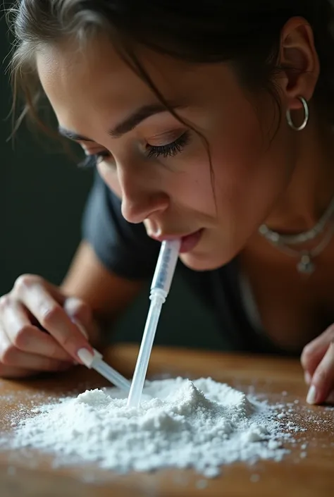 Make a picture of a big tits woman snorting cocaine line off table. Her nose is bent over to cocaine and she is sniffing it with straw in a nose