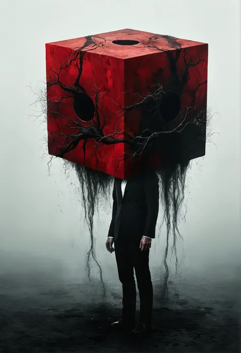 Faceless Man,(((Cube head)))， Alessio Albi, Abstract Surrealism, Faceless Man dark, Unsettling horror limbo, Mist，Black and red theme