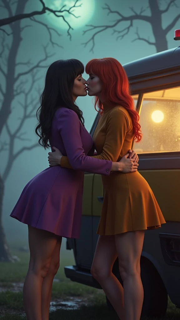 Velma Dinkley, Daphne Blake, two girls, lesbian kissing, in the back of the Mystery Machine van, in a graveyard, spooky, dark twisted trees, fog, green moonlight and thick swirling fog, full moon, high quality, (RAW photo, best quality), (realistic, photor...