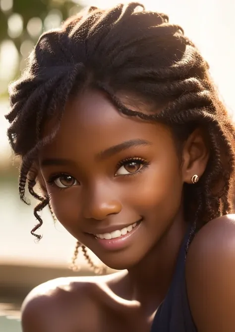 (portrait, editorial photograph) (beautiful black girl), adorable face, long brown curly hair, hazel eyes, by lee jeffries, niko...