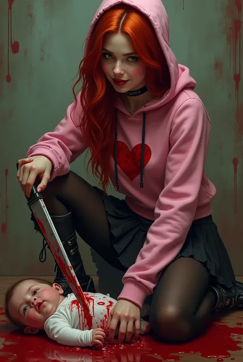 Seductive and Beautiful young woman with a soul of pure evil and hatred. Alluring green eyed, long red haired serial killer wearing a pink hoodie with a bloody heart on it, pleated skirt, tights, and combat boots. Surrounded by blood and bodies.  She cuts ...