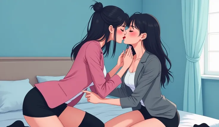 Two girls, long black hairs, yuri, lesbian.

The first girl wear a pink suit jacket, white shirt, black pencil skirt, black underpants, black tights, short black socks.

The second girl wore a grey suit jacket, white shirt, black pencil skirt, black underp...