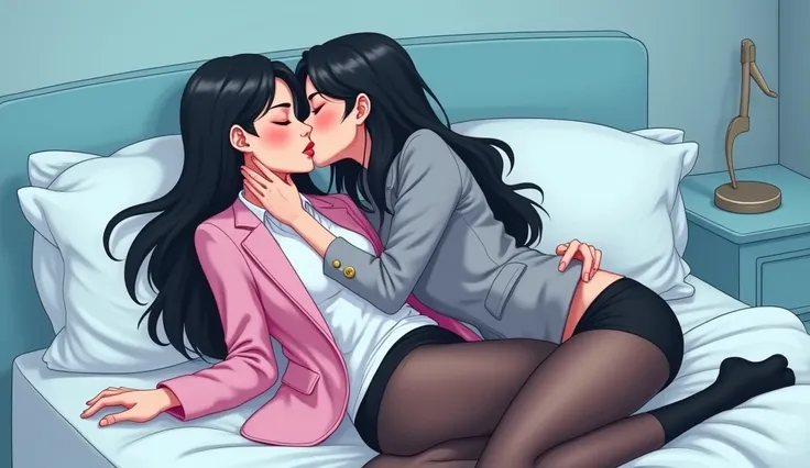 Two girls, long black hairs, yuri, lesbian.

The first girl wear a pink suit jacket, white shirt, black pencil skirt, black underpants, black tights, short black socks.

The second girl wore a grey suit jacket, white shirt, black pencil skirt, black underp...