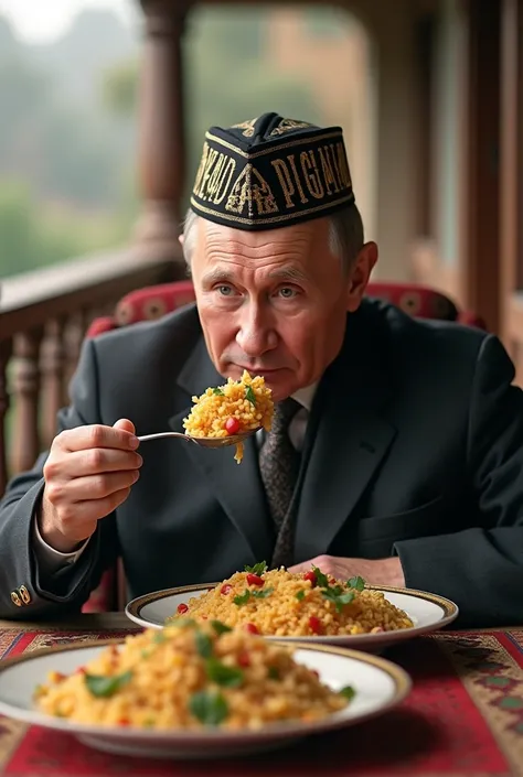 Russian President Vladimir Putin is eating pilaf in Uzbekistan, with a cap on his head and the inscription "Bekobad pilaf" on the back.