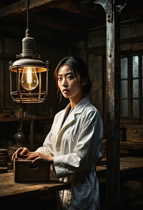 Misaki Sato, a genius botanist; a beautiful girl, bound hand and foot to a steel pole in the center of the back side, unable to move; a determined figure; a lab coat that remains clean; sweat beading on the forehead; a warehouse; a high ceiling with bare b...