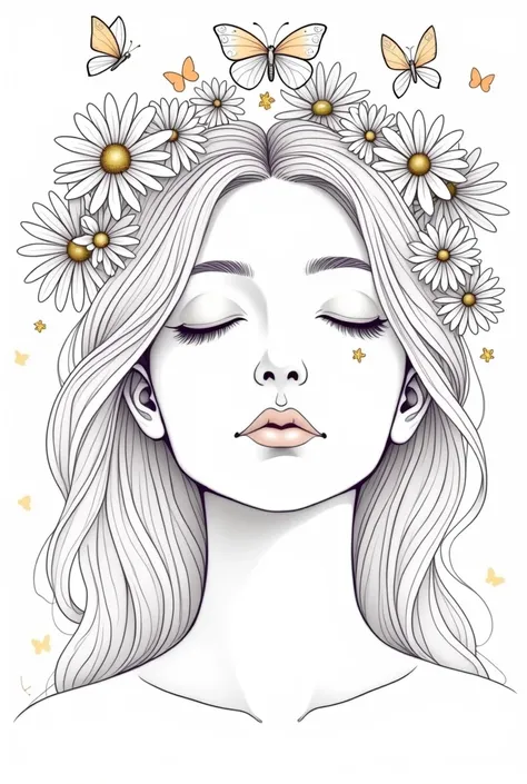 I want a coloring page of a female face with a calm expression but that looks bad., There must be butterflies and daisies higher up around it, make a drawing with fewer details