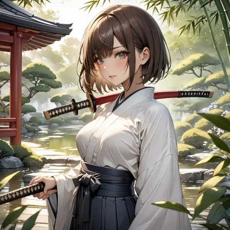  High resolution, masterpiece, 最high quality, Very detailed, high quality, Textured skin, Bob Hair, Brown Hair, Natural look,Sparkle Effect, far and near method, chest, A girl with a bamboo sword, Hakama,Japanese garden