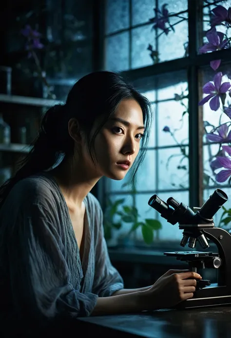 Beautiful botanical genius, Misaki Sato, 28, Japanese, long black hair in a messy bun, concentrated expression, in a dimly lit laboratory, peering through a microscope at a mysterious rainbow-colored clematis, moonlight through a large window casting long ...