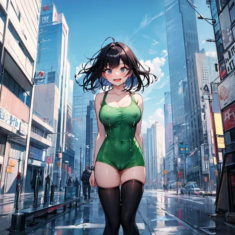 (solo), (1 skinny girl standing), arms behind back, swaying back, (tight-fit black thighhighs), collarbone, glass-walled skyscrapers in distance, BREAK, (long skinny legs), huge breasts, BREAK, (forced smile:1.3), (dripping tires:1.3), (disappeared), open ...