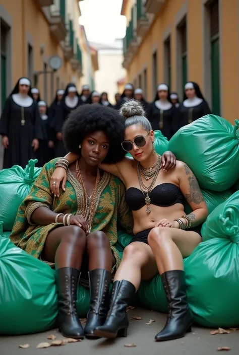 Two milf women lounging on pile of green plastic bags on a narrow street with waste on the floor, nuns in the background. The taller and dominant one: barefoot, dark skinned overweight woman with black afro hair, muscular, african traditional robes and eth...