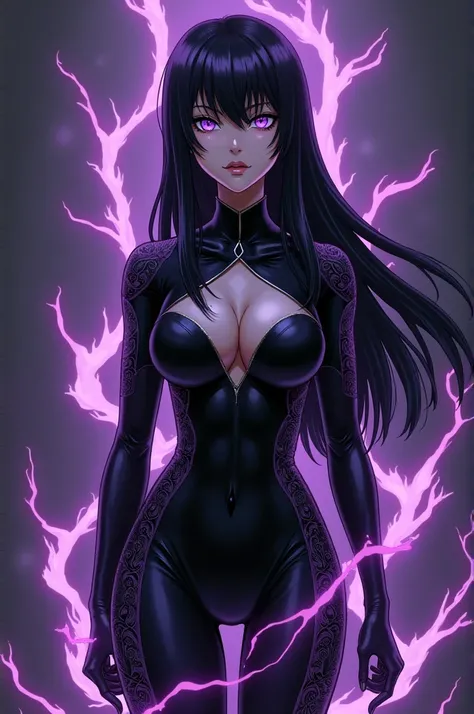 Heroic female character from My Hero Academia, surrounded by an aura of dark energy, long flowing straight black hair cascading down her back, straight bangs framing her face, piercing hazel eyes glowing with an otherworldly intensity. Her skin is deathly ...