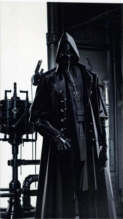 Black Hair、Cold look:1.5、Dark Background、night、whole photo、Black gloves、Ominous Machine Lifeform、Nihil、Half of his body is made of machinery、Mechanical Man:1.5、Modern clothing:、Creepy、Scary atmosphere、Long coat