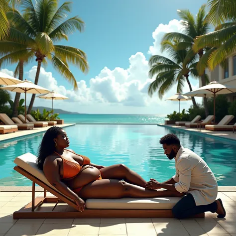 (photorealism:1.2),ebony bbw plus-size curvaceous woman with a commanding findom persona is relaxing at a luxurious resort on a tropical island. She exudes power and wealth, embodying confidence and sophistication. Her attire is elegant and high-fashion, p...