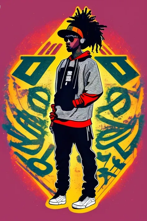 A background filled with scattered musical notes in various sizes and colors、

Creative logo illustration of a silhouette with dreadlocks and red headphones, 
Banksy、
A background completely filled with scattered musical notes in various sizes and colors, ...