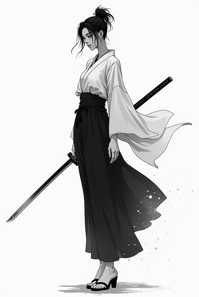 Character Design　Character Reference Sheet　Concept Character　black and white manga style　Taisho Romance　action　Japanese sword　man　Women　samurai　Slender full body