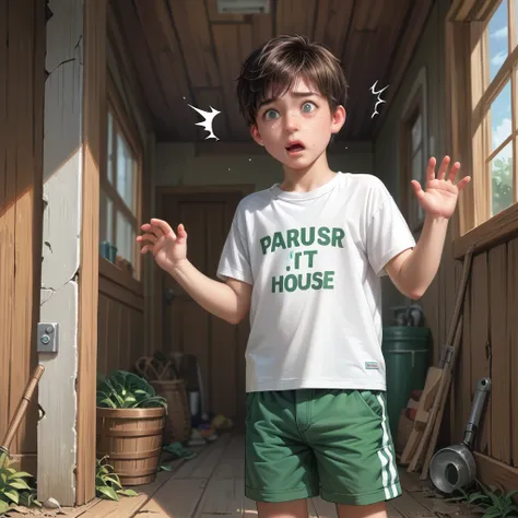 score_9, score_8_superior, score_7_superior, score_6_superior, score_5_superior, score_4_superior, super realistic),(alone, shota boy, age 15, (detailed eyes, detailed face, wearing a white t-shirt and green shorts), standing, shocked, cover the genitals i...