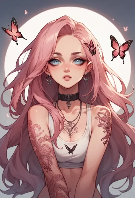 Pink Long Hair，Light blue eyes，Scorpion tattoo，Butterfly piercing