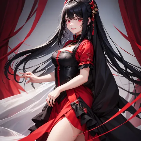 A girl black hair, very red eyes, scared smile. She wearing a royal clothing.