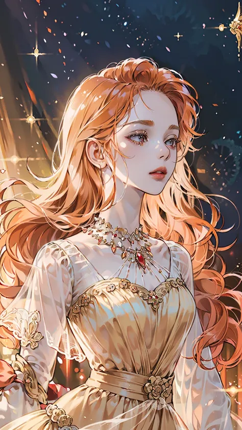 ((best quality)), ((masterpiece)), ((Romance Fantasy)), ((illustration)), (detailed), (clear), (Perfect), 1 woman, mature, upstage, expressionless, long orange curly hair, tanned skin, Vermilion eyes, abundant eyelashes, Twinkle-free, red lips, big bust, s...