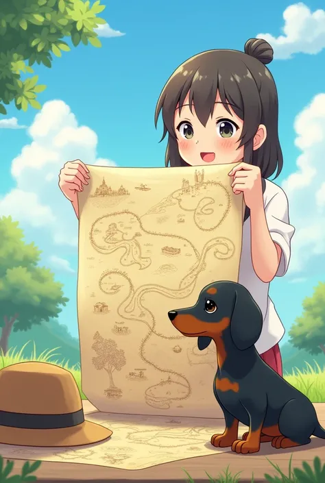 Me and my dog ,small black short-haired dachshund We are holding a table with a map Nice Day Anime