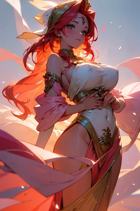 A radiant D&D woman, big boobs, the goddess of love, stands with an ethereal glow. Her vibrant red hair cascades down her shoulders, complementing her flowing pink clothes adorned with delicate heart motifs. She wears elegant turbans, symbolizing her divin...