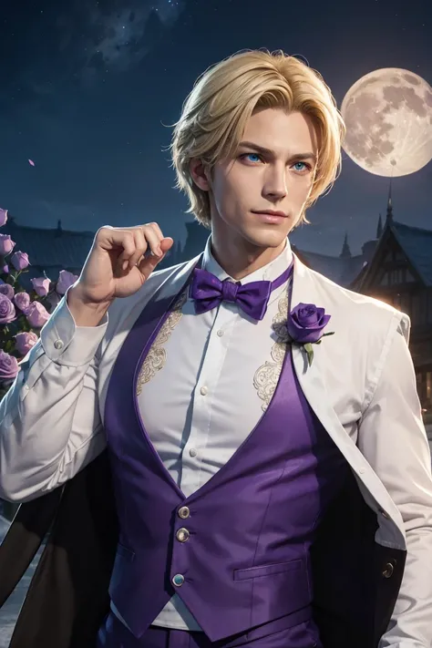 KOF,King of Fighters,King,Blue Eyes,Blonde Hair,Medium Hair,White long shirt,Purple vest,A bow tie,Beautiful white skin,Photorealistic,Ultra HD,high quality,masterpiece,Digital SLR,Detailed details,Intricate details,Anatomical basis,Depicted in detail,A de...