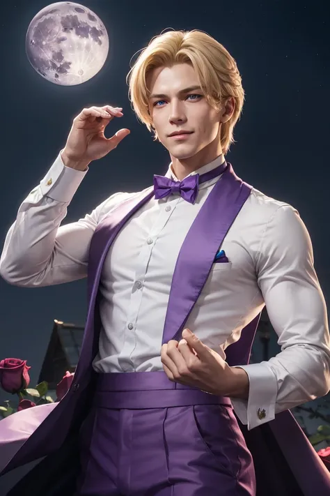 KOF,King of Fighters,King,Blue Eyes,Blonde Hair,Medium Hair,White long shirt,Purple vest,A bow tie,Beautiful white skin,Photorealistic,Ultra HD,high quality,masterpiece,Digital SLR,Detailed details,Intricate details,Anatomical basis,Depicted in detail,A de...