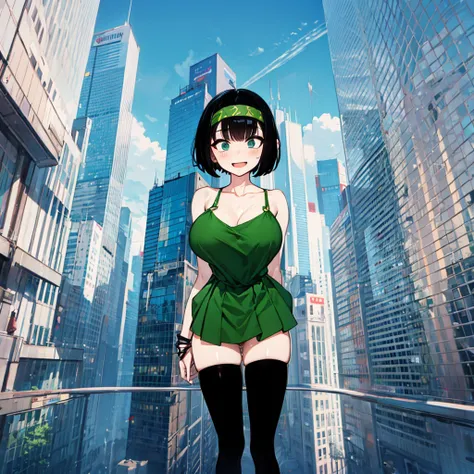 (solo), (1 skinny girl standing), arms behind back, swaying back, (tight-fit black thighhighs), collarbone, BREAK, yellow hairband, white shirts, green dress with shoulder straps, glass-walled skyscrapers in distance, BREAK, (long skinny legs), huge breast...