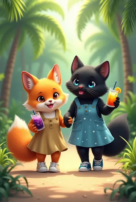 Cute and fluffy orange anthropomorphic fox of small stature in a dark beige full-length sundress.Fox shoes white sneakers. The fox has orange hair that reaches the floor.. A fox holds a sling with a grape cocktail and a straw in its paw. Next to the fox is...